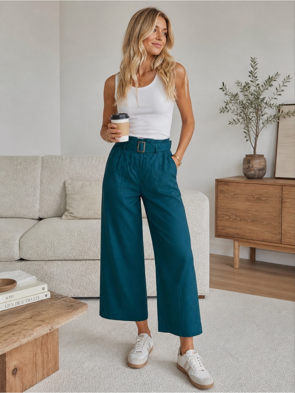 Teal High-Waisted Wide-Leg Pants with Belt – Chic & Effortless Style size S.